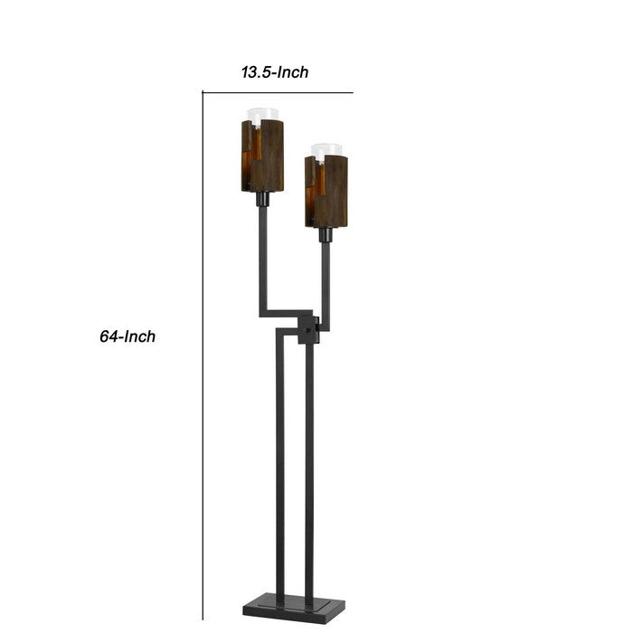 Sculpted Stalk Support Floor Lamp with 2 Wooden Frame Shade, Black