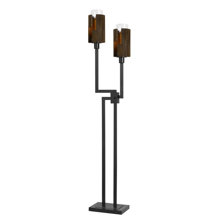Sculpted Stalk Support Floor Lamp with 2 Wooden Frame Shade, Black