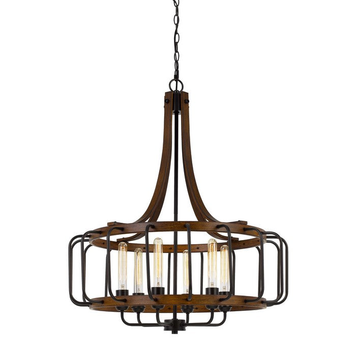 6 Bulb Round Chandelier with Wooden Frame and Metal Bars, Brown and Black
