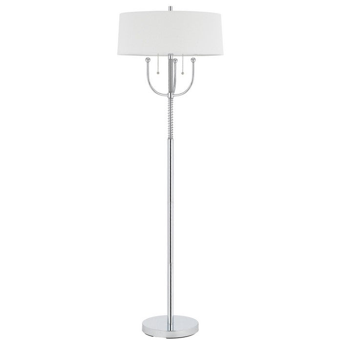 Metal Floor Lamp with Corkscrew Design Stalk Support and Drum Shade, Silver