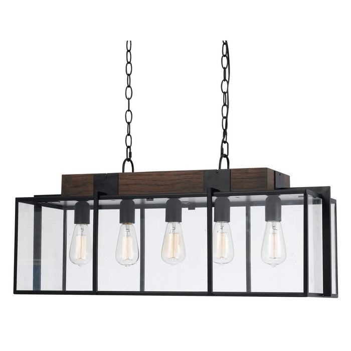 Rectangular Metal Frame Chandelier with Chain and Wooden Accent, Black
