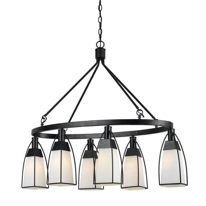 6 Bulb Oval Metal Frame Chandelier with Glass Shades, Black and White