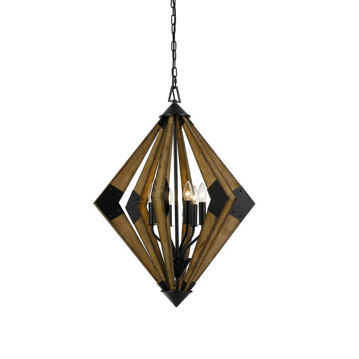 60 X 6 Watt Geometric Wood and Metal Chandelier, Brown and Black
