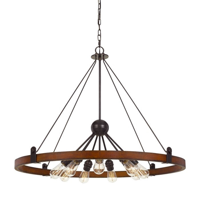 9 Bulb Chandelier with Round Wooden Frame and Metal Cantilevers, Brown