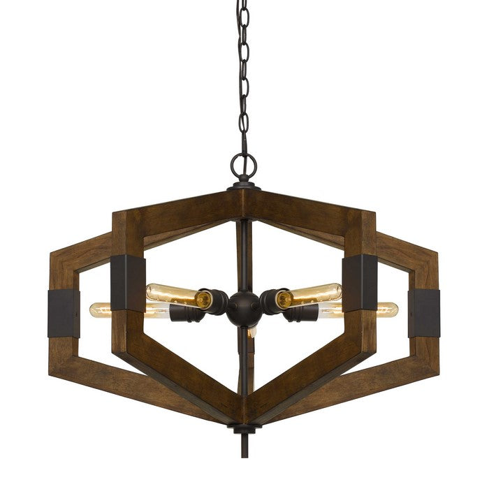 5 Bulb Chandelier with Geometric Wooden Frame and Metal Accents, Brown