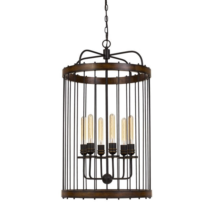 Round Metal and Wooden Frame Chandelier with Cage Design, Brown and Black