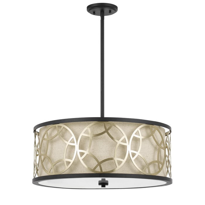 Round Shade Pendant Fixture with Lattice Design Metal Frame,Black and Brass