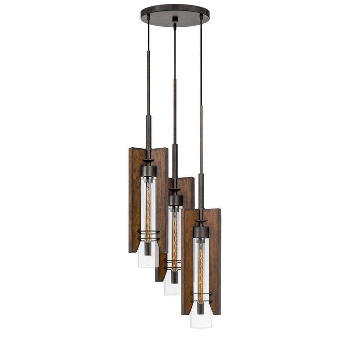 3 Bulb Wind Chime Design Chandelier with Wooden Shades, Brown and Black