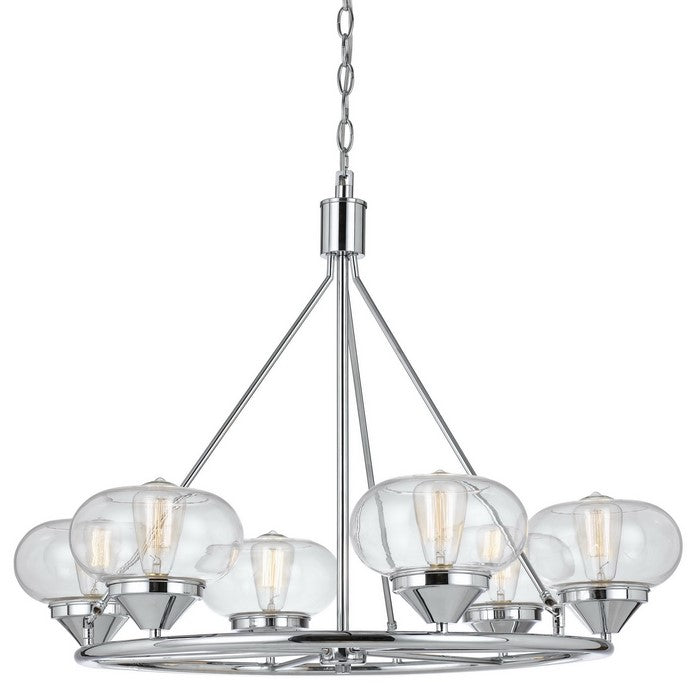 6 Bulb Uplight Chandelier with Round Metal Frame and Glass Shades, Silver