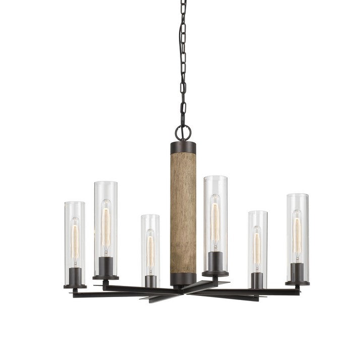 Metal 6 Bulb Chandelier with Cylindrical Glass Shade, Black and Brown