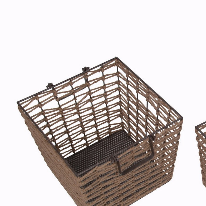 2 Piece Metal and Jute  Basket with Geometric Design, Brown and Black