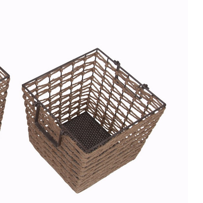 2 Piece Metal and Jute  Basket with Geometric Design, Brown and Black