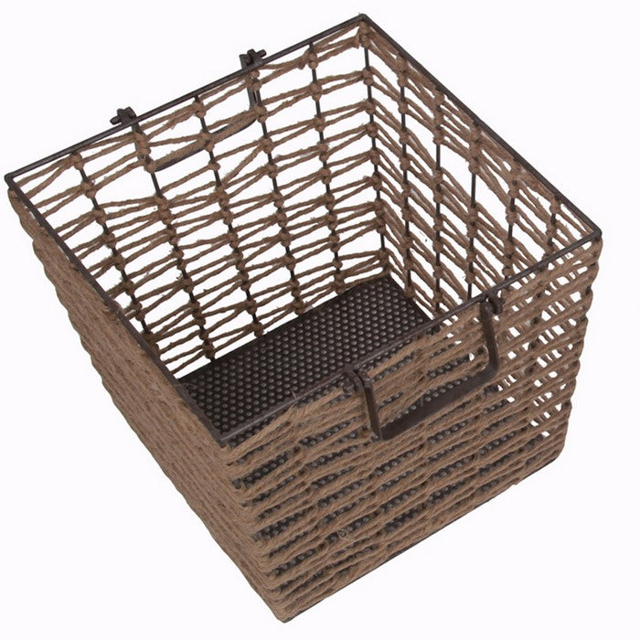 2 Piece Metal and Jute  Basket with Geometric Design, Brown and Black