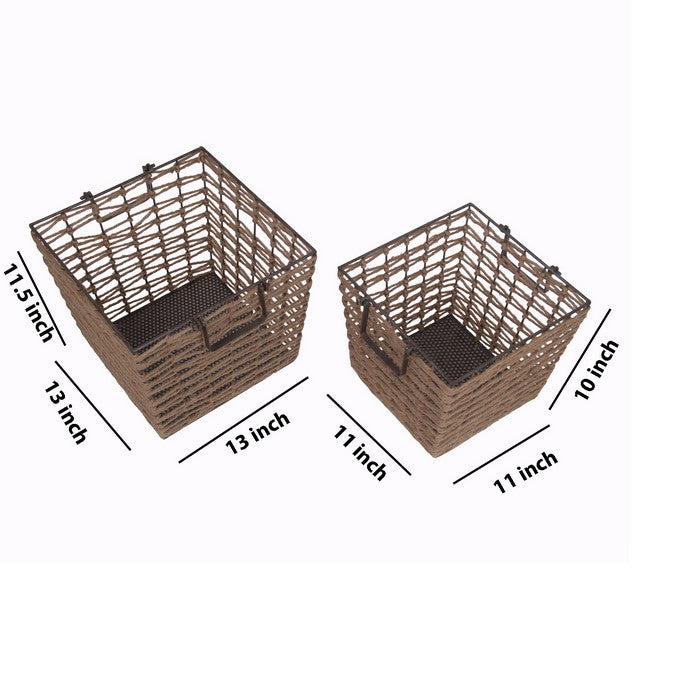 2 Piece Metal and Jute  Basket with Geometric Design, Brown and Black