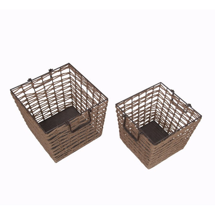 2 Piece Metal and Jute  Basket with Geometric Design, Brown and Black