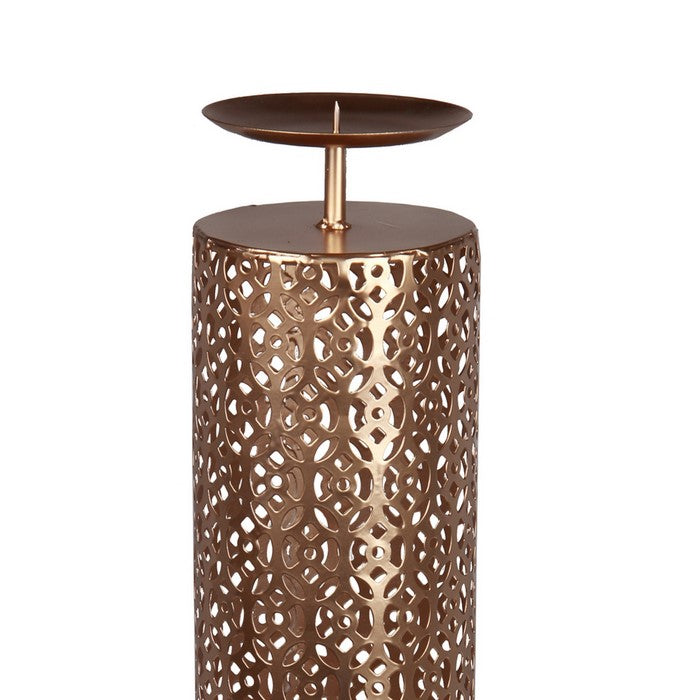 Contemporary Metal Candleholder with Lattice Cut outs, Gold