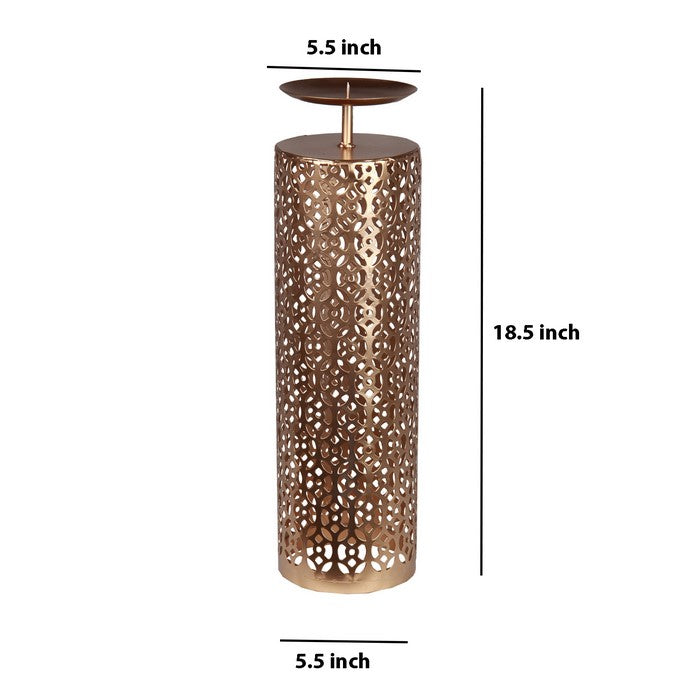 Contemporary Metal Candleholder with Lattice Cut outs, Gold