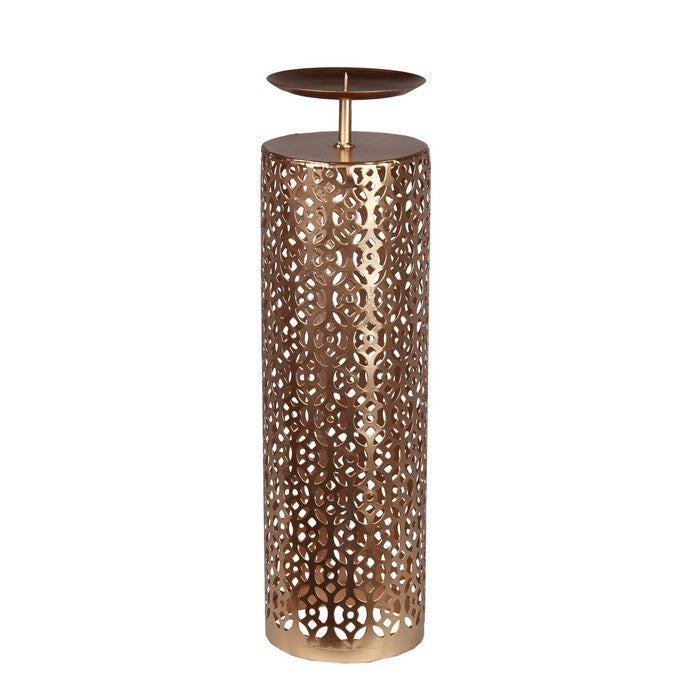 Contemporary Metal Candleholder with Lattice Cut outs, Gold