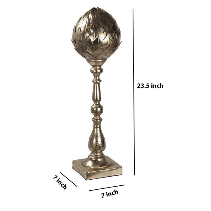 Metal Finial with Bud Shaped Design and Pedestal Base, Gold