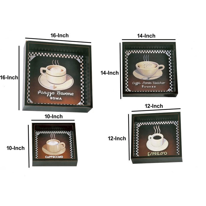 Square Shape Decorative Metal Coasters with Raised Edges, Assortment of 4, Black and Brown