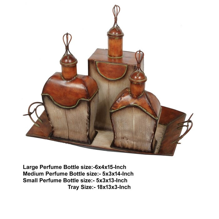 Ceramic 3 Piece Antique Perfume Bottle Set with Tray, Brown