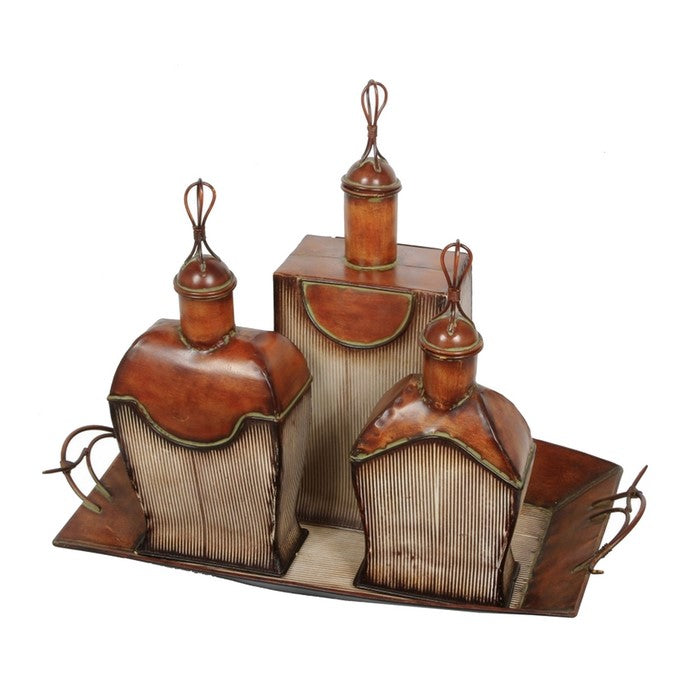Ceramic 3 Piece Antique Perfume Bottle Set with Tray, Brown
