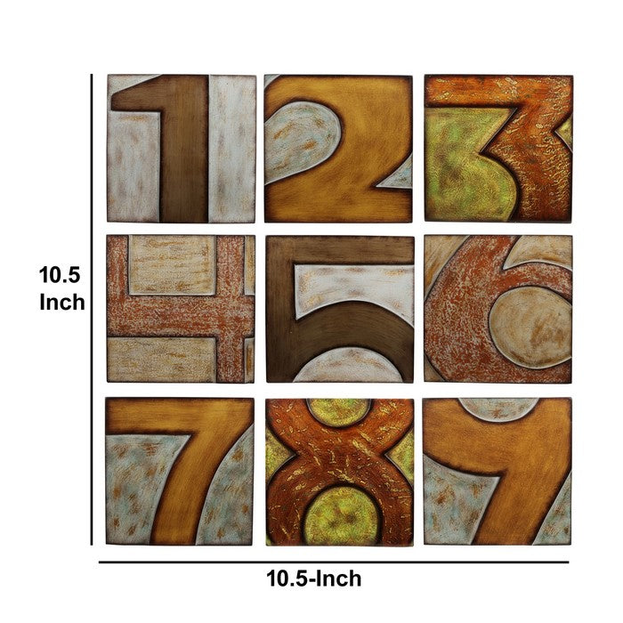 9 Piece Wooden Square Shaped Numerical Wall decor Set, Multicolor