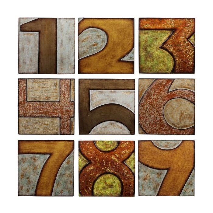 9 Piece Wooden Square Shaped Numerical Wall decor Set, Multicolor