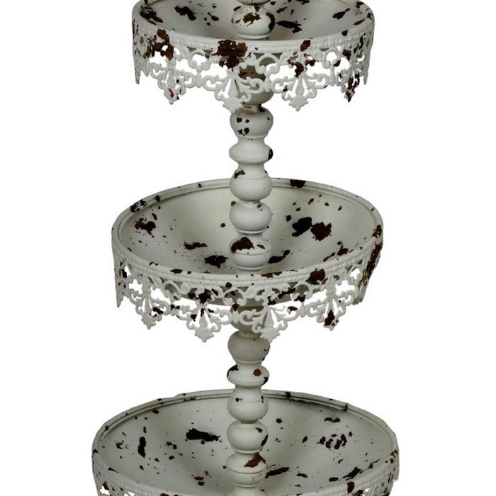Rustic 3 Tier Iron Tray Rack with Spool Turned Design, Antique White