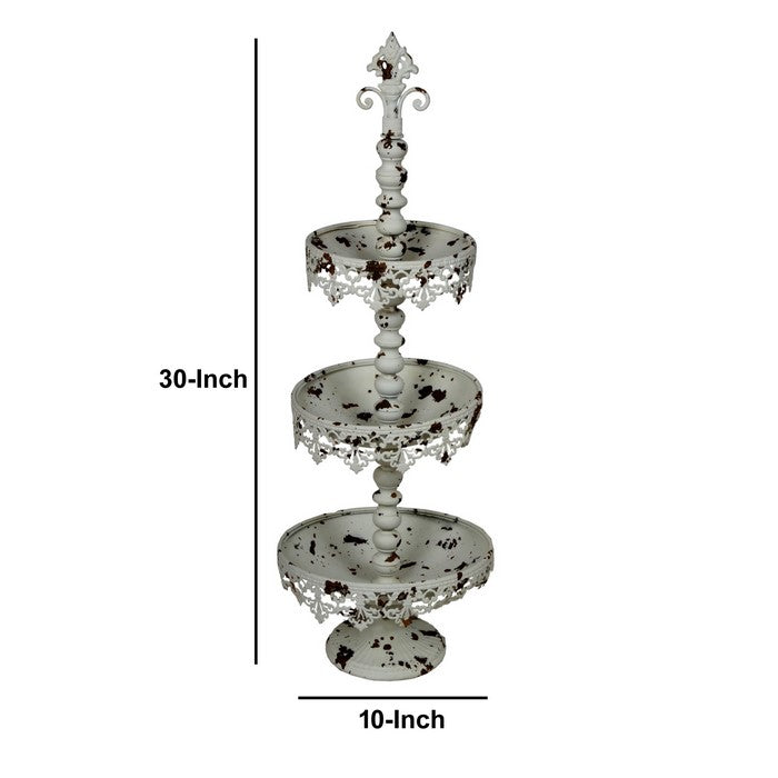 Rustic 3 Tier Iron Tray Rack with Spool Turned Design, Antique White