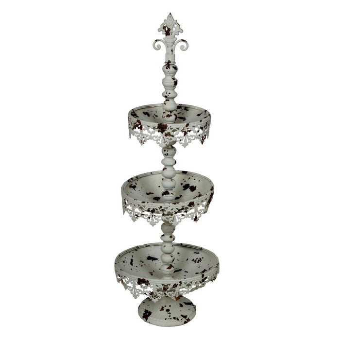 Rustic 3 Tier Iron Tray Rack with Spool Turned Design, Antique White