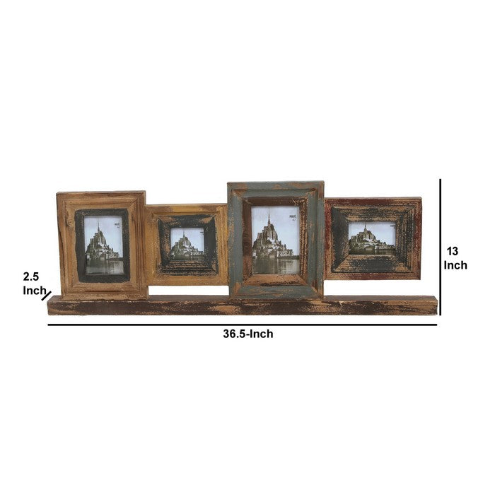 4 Piece Distressed Wood Photo Frame on Rectangular Stand, Rustic Brown