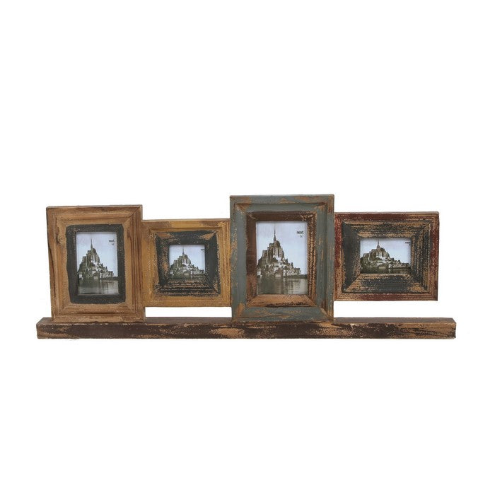 4 Piece Distressed Wood Photo Frame on Rectangular Stand, Rustic Brown