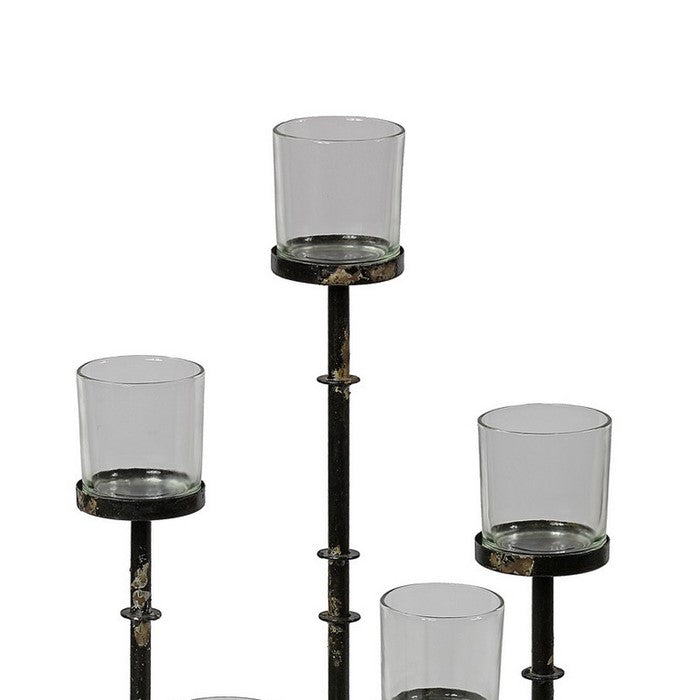 Metal Candle Holder with 5 Glass Hurricane on Cross Base, Black