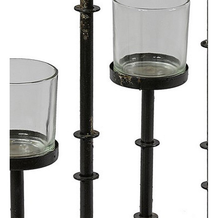 Metal Candle Holder with 5 Glass Hurricane on Cross Base, Black