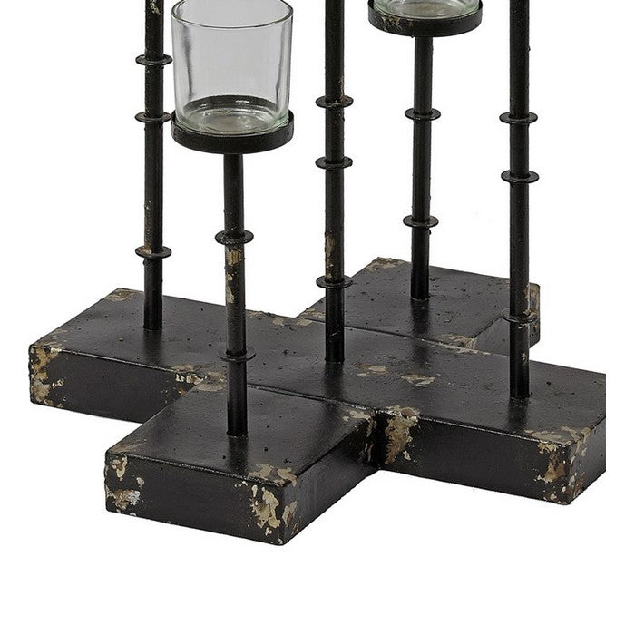 Metal Candle Holder with 5 Glass Hurricane on Cross Base, Black