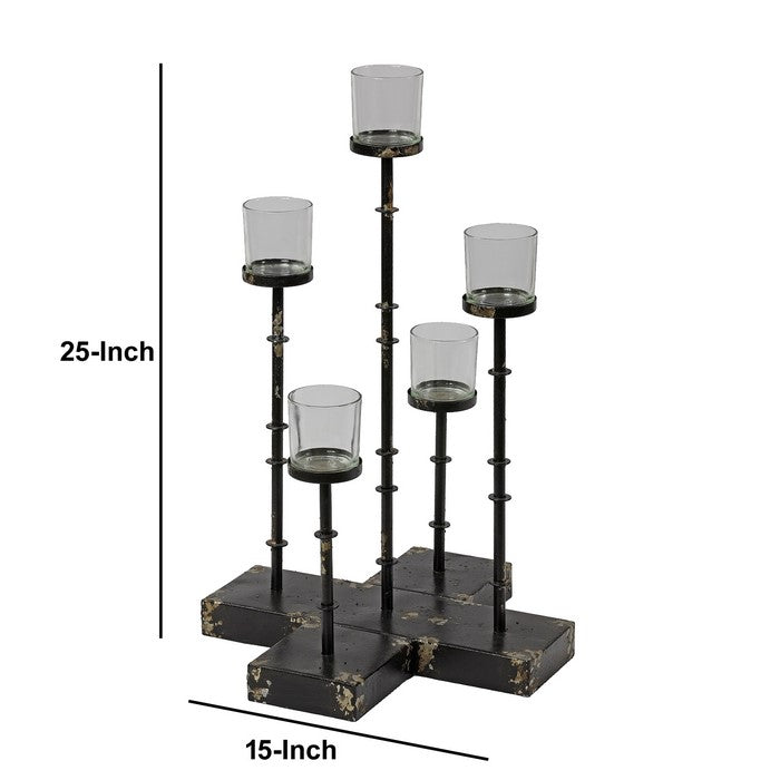Metal Candle Holder with 5 Glass Hurricane on Cross Base, Black