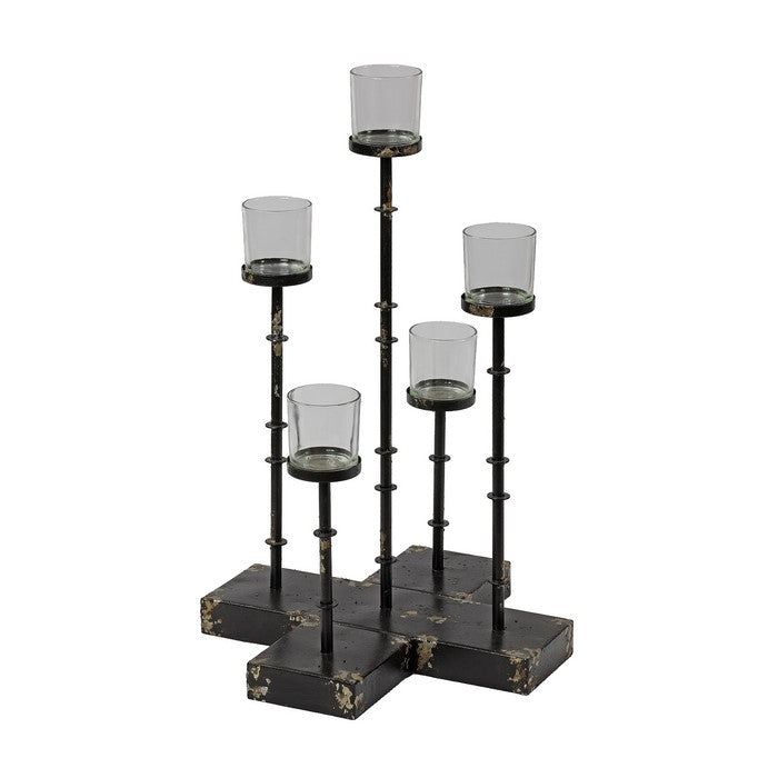 Metal Candle Holder with 5 Glass Hurricane on Cross Base, Black