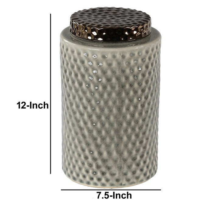 Ceramic Canister with Lidded Top and Dimple Pattern, Large, Gray