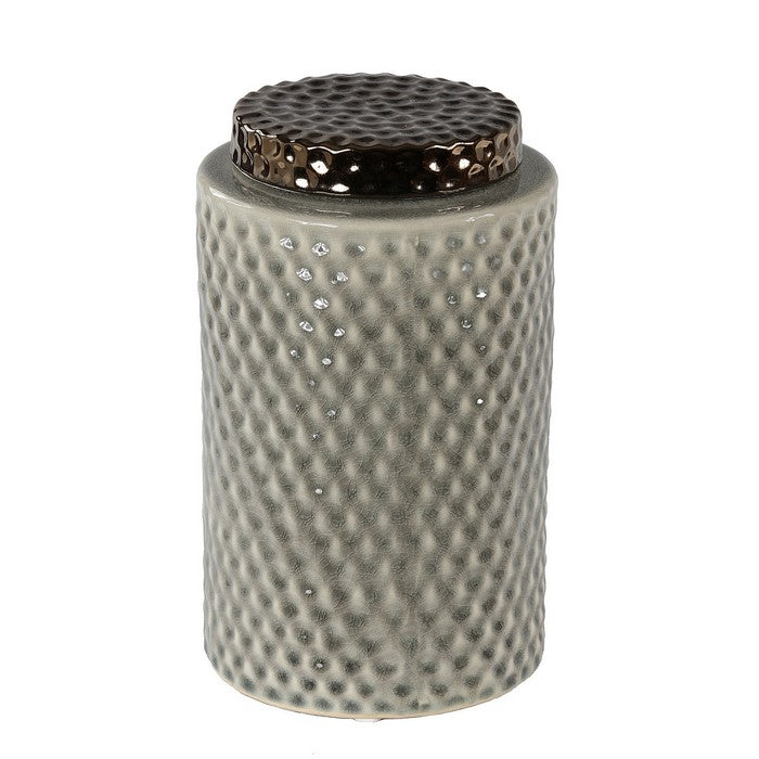Ceramic Canister with Lidded Top and Dimple Pattern, Large, Gray