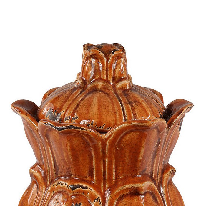 Artichoke Design Ceramic Pot with Lidded Top, Large, Distressed Orange