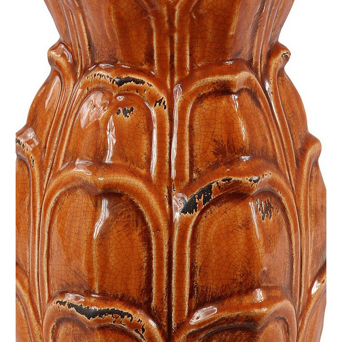 Artichoke Design Ceramic Pot with Lidded Top, Large, Distressed Orange