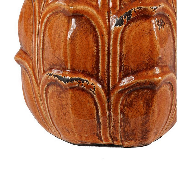 Artichoke Design Ceramic Pot with Lidded Top, Large, Distressed Orange