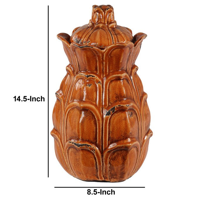 Artichoke Design Ceramic Pot with Lidded Top, Large, Distressed Orange