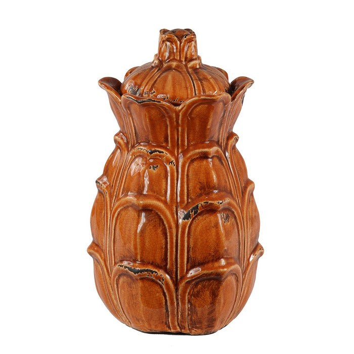 Artichoke Design Ceramic Pot with Lidded Top, Large, Distressed Orange
