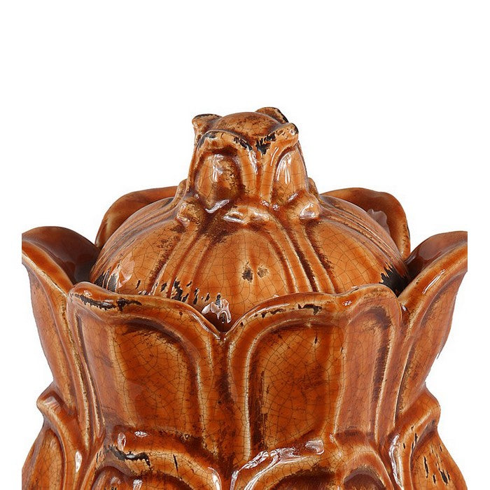 Artichoke Design Ceramic Pot with Lidded Top, Medium, Aged Orange