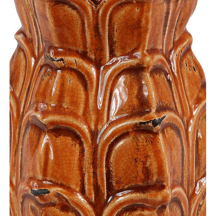 Artichoke Design Ceramic Pot with Lidded Top, Medium, Aged Orange