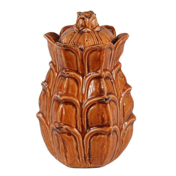 Artichoke Design Ceramic Pot with Lidded Top, Medium, Aged Orange