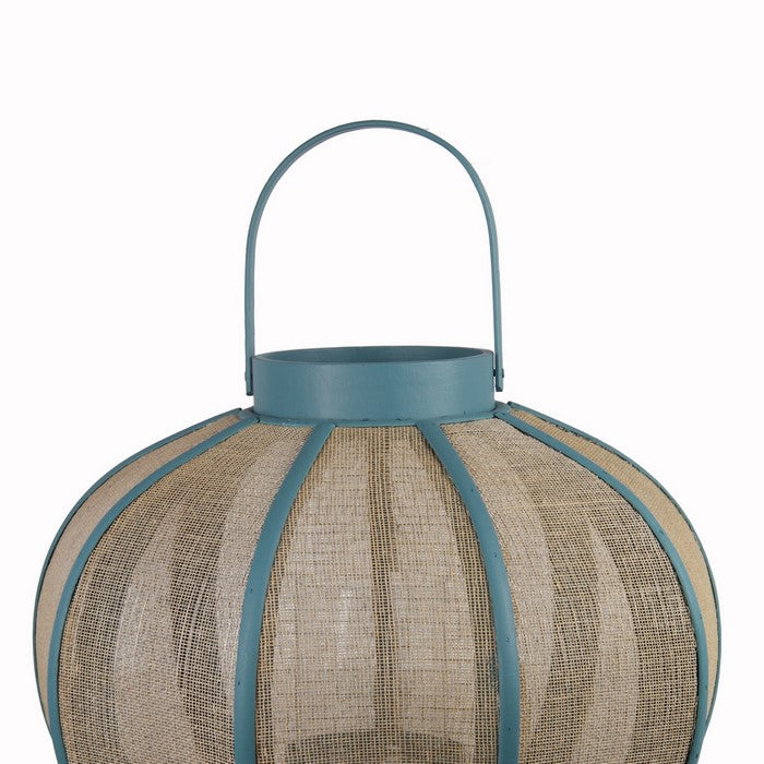 Farmhouse Wood and Metal Lantern with Mesh Details, Blue and Beige