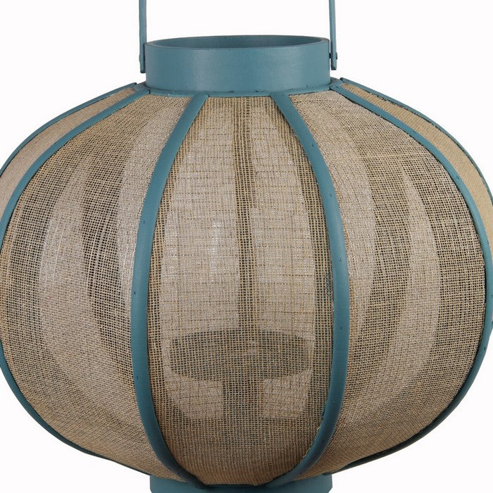 Farmhouse Wood and Metal Lantern with Mesh Details, Blue and Beige